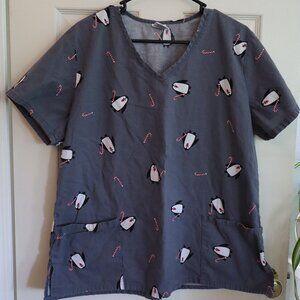 Scrup Top Penguin candy canes grey Sz L